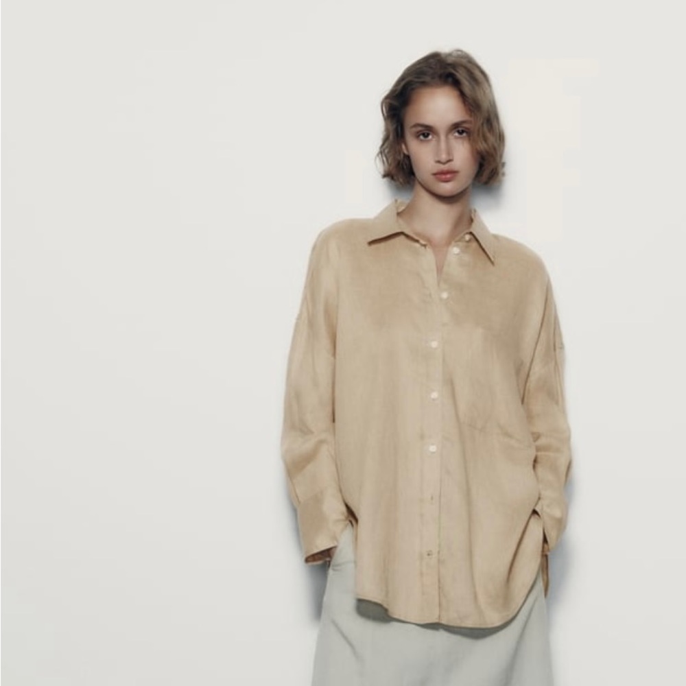 100 percent linen blouse by Zara.  Size M.  Khaki color. Brand new with tags.
